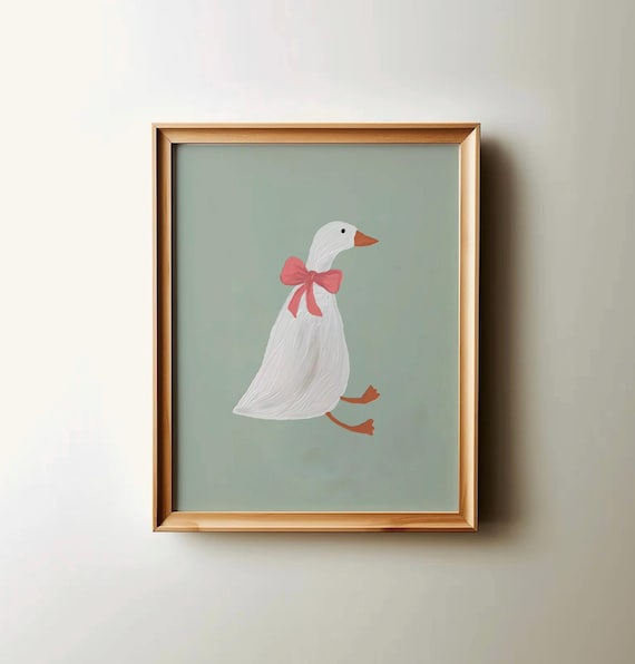 Silly Goose White Goose Pink Bow Sage Green Nursery Art Poster