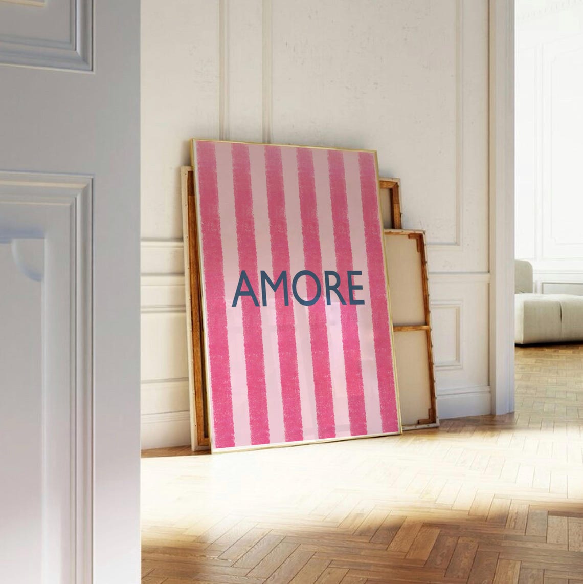 Amore on Pink Stripes Italian Navy Bold Modern Typography Poster