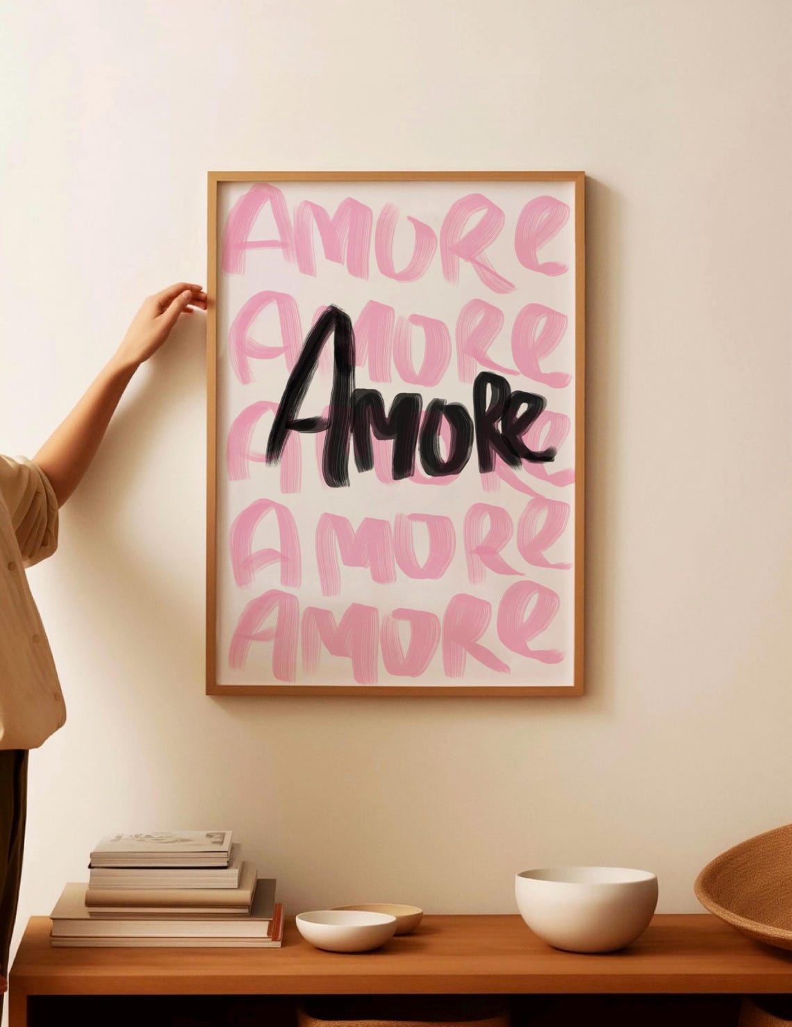 Amore Repeated Pink and Black Brushstroke Romantic Typography Poster