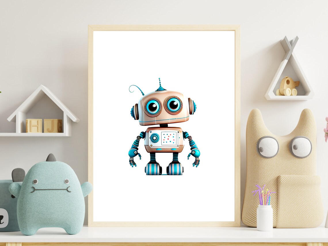Adorable Retro Robot with Teal Eyes Boys Room Nursery Art Print - Image 3