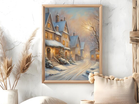 Snowy Winter Town Print Winter Wonderland Art Christmas Scene Decor Sleepy Winter Village Poster Moody Christmas Decor