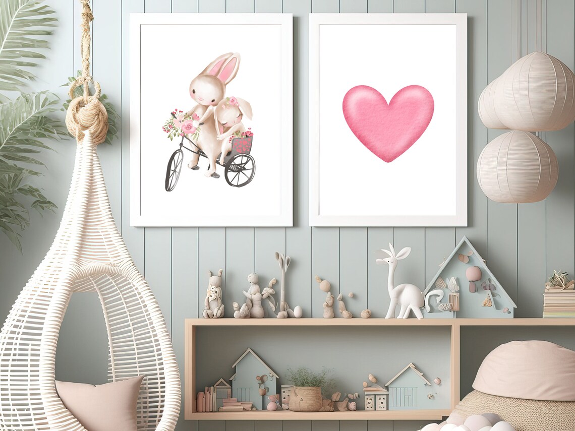 Mama And Baby Bunny Flower Tricycle Ride Watercolor Nursery Poster - Image 3