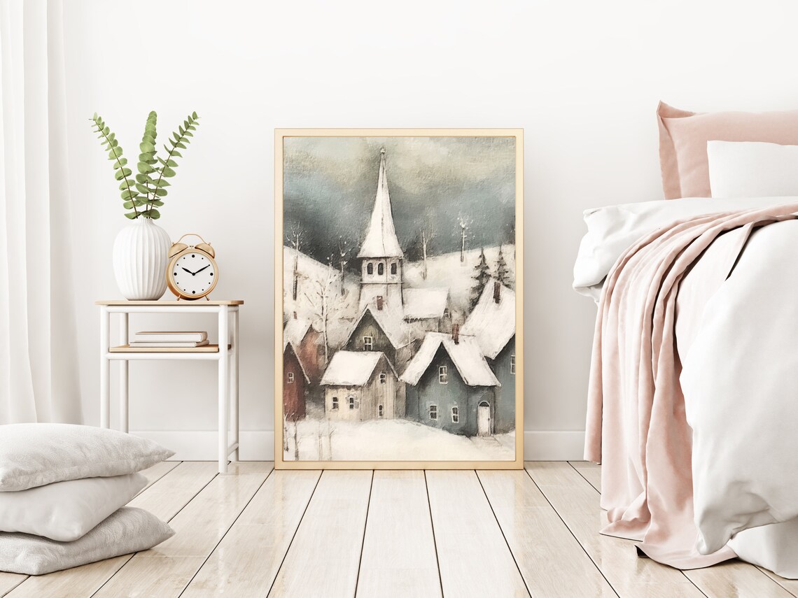 Snowy Scandinavian Village Church Steeple Watercolor Winter Art Poster - Image 4