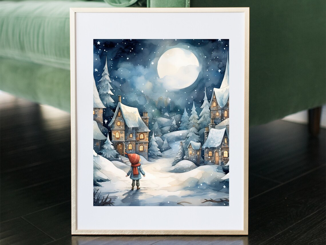 Moonlit Snowy Village Winter Watercolor Christmas Scene Poster - Image 4