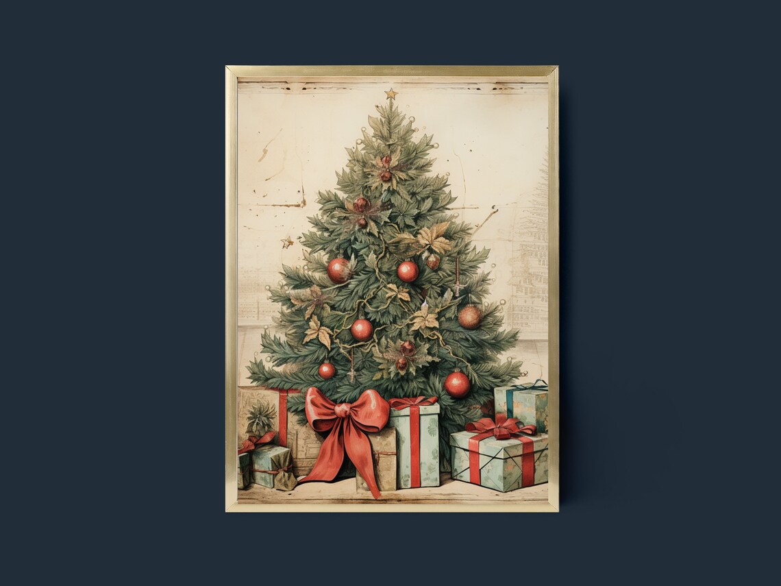 Vintage Christmas Tree with Red Bow and Wrapped Gifts Poster - Image 3
