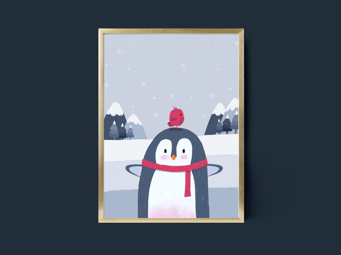 Cute Penguin With Red Scarf And Red Bird Winter Nursery Poster - Image 3