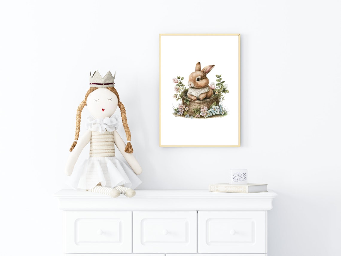 Watercolour Bunny in a Flower Basket Pastel Nursery Easter Poster - Image 4