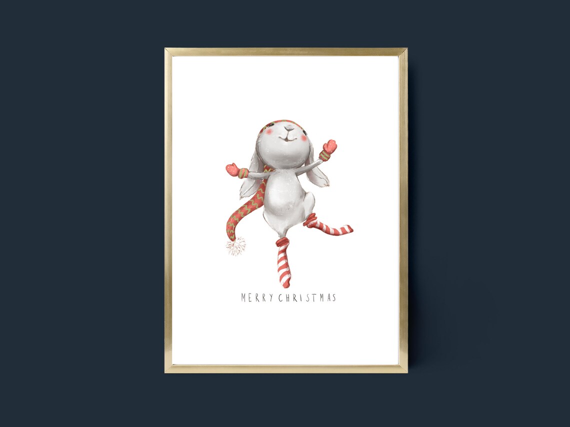 Merry Christmas Dancing Bunny In Striped Stockings Watercolor Poster - Image 2