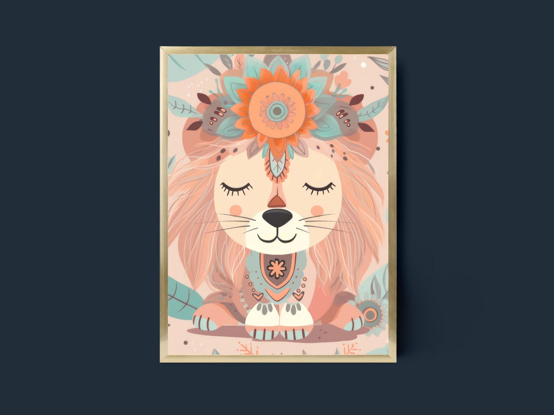 Cute Boho Sleeping Lion With Flower Crown Kids Nursery Art Poster - Image 3
