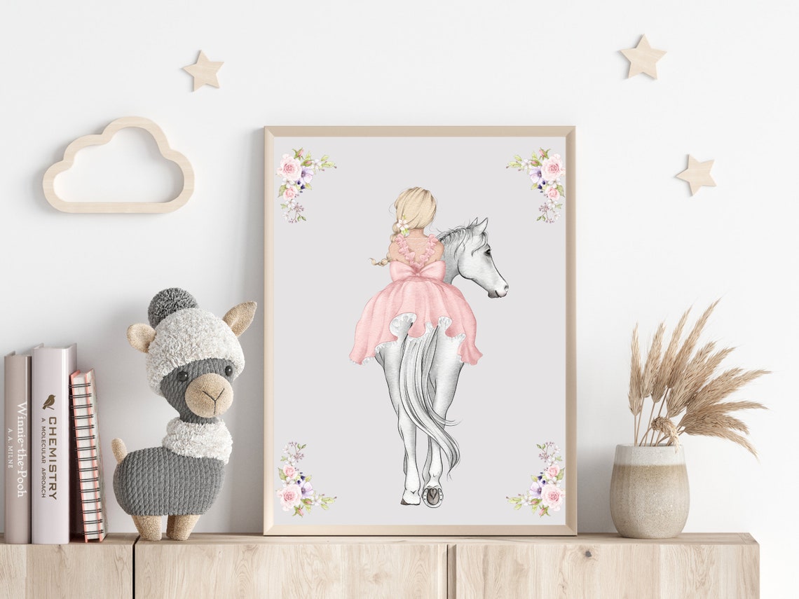 Girl And Horse Wall Art Fairytale Princess Art Pink Girls Room Decor Watercolour Horse Nursery Print Instant - Image 2