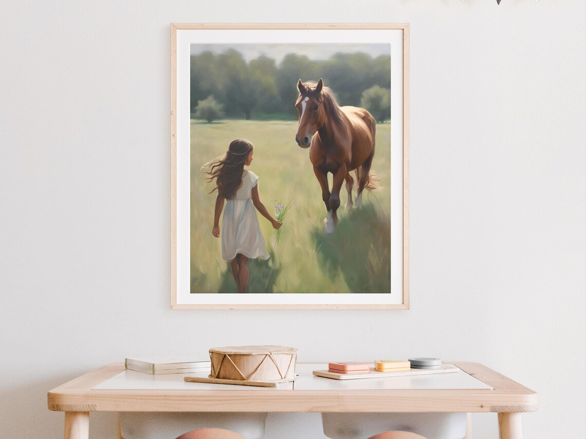 Girl and Horse Meadow Painting Poster Equestrian Girls Room Decor - Image 2