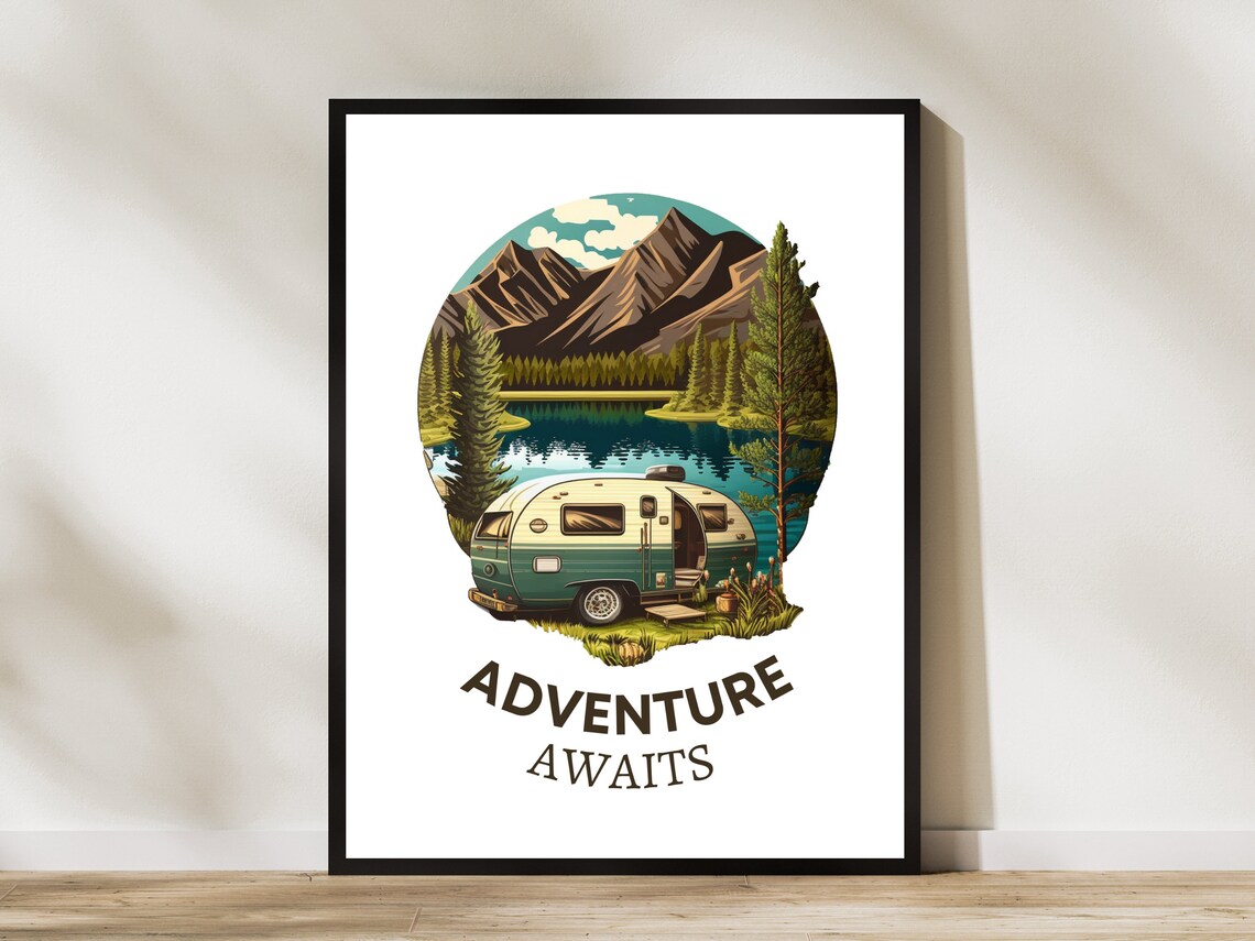 Adventure Awaits Vintage Camper Van Mountain Lake Retro Art Print - Image 2