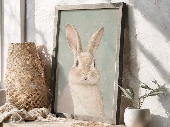 White Bunny Portrait Winter Animal Poster for Sweet Nursery Decor