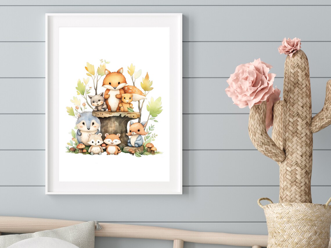 Woodland Friends Around a Tree Stump Watercolor Nursery Poster - Image 4