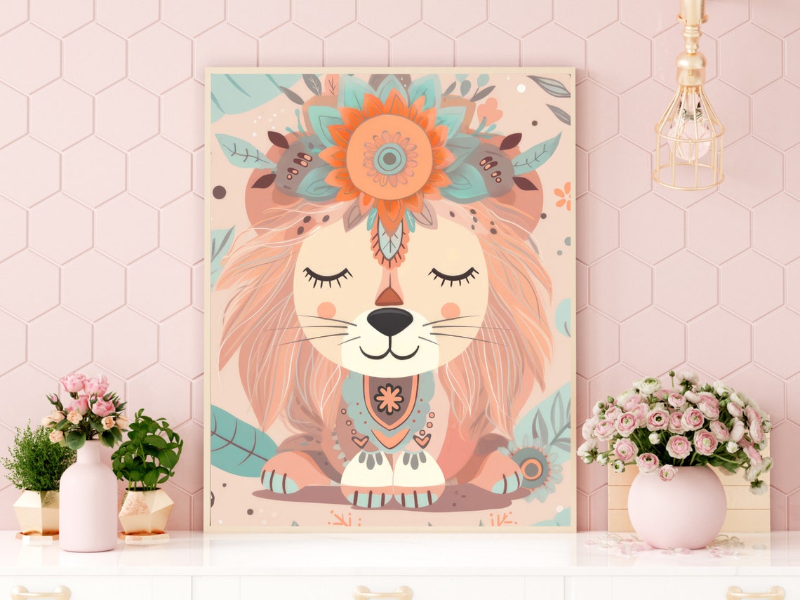 Cute Boho Sleeping Lion With Flower Crown Kids Nursery Art Poster - Image 2
