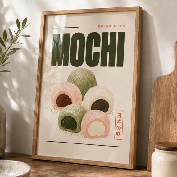 Mochi Wall Art Japanese Food Poster Green Pink Kitchen Decor Retro Dessert Minimalist Dining Room Print