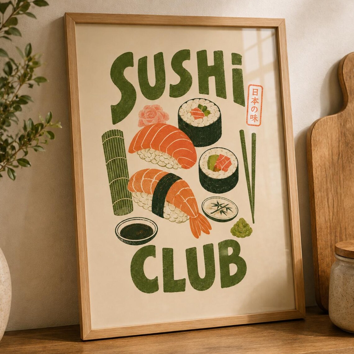 Sushi Wall Art Poster, Retro Salmon Illustration