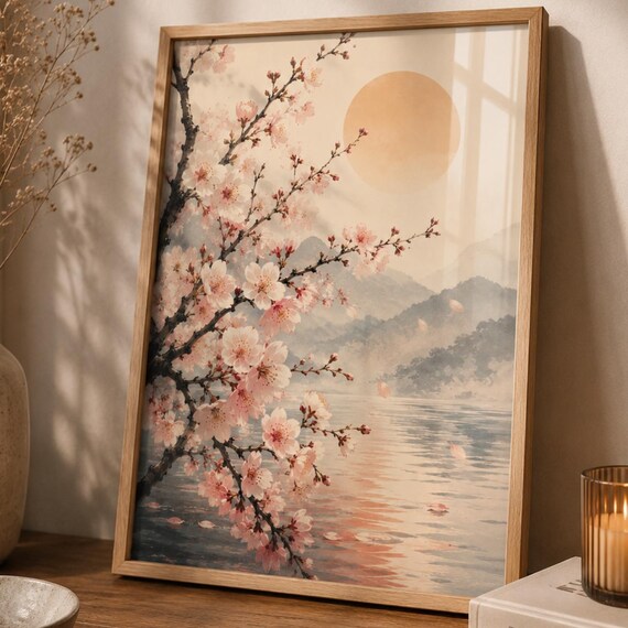 Cherry Blossom Wall Art Print Japanese Landscape Poster Sakura Decor Zen Nature Japandi Home Floral