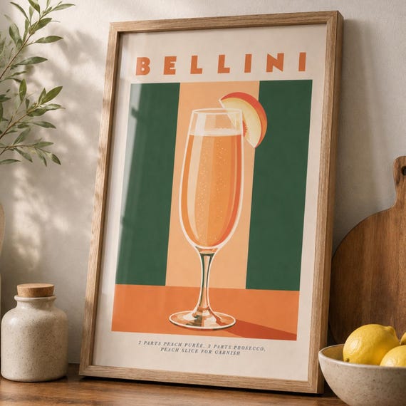 Peach Cocktail Wall Art Print Retro Drink Poster Minimalist Kitchen Decor Home Bar Colorful Dining Room Artwork