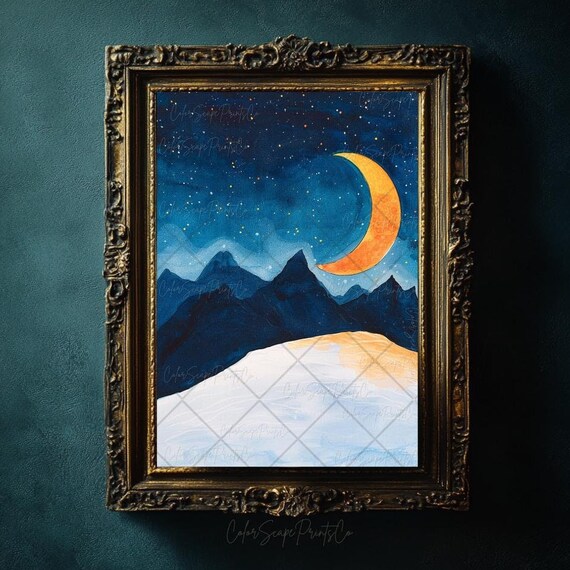 Crescent Moon Over Snowy Mountains Starry Night Sky Painting Poster