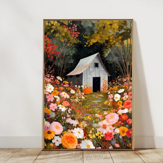 Rustic Autumn Barn Wall Art Print Fall Pumpkin Patch Vibrant Floral Landscape Cozy Harvest Season Farmhouse Decor