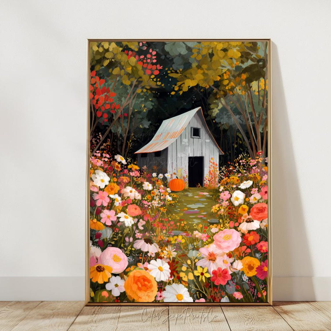 Rustic Autumn Barn Wall Art Print Fall Pumpkin Patch Vibrant Floral Landscape Cozy Harvest Season Farmhouse Decor