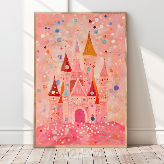 Pastel Castle Wall Art Fairytale Girls Nursery Decor Pink Princess Bedroom Print Fantasy Magical Baby Room