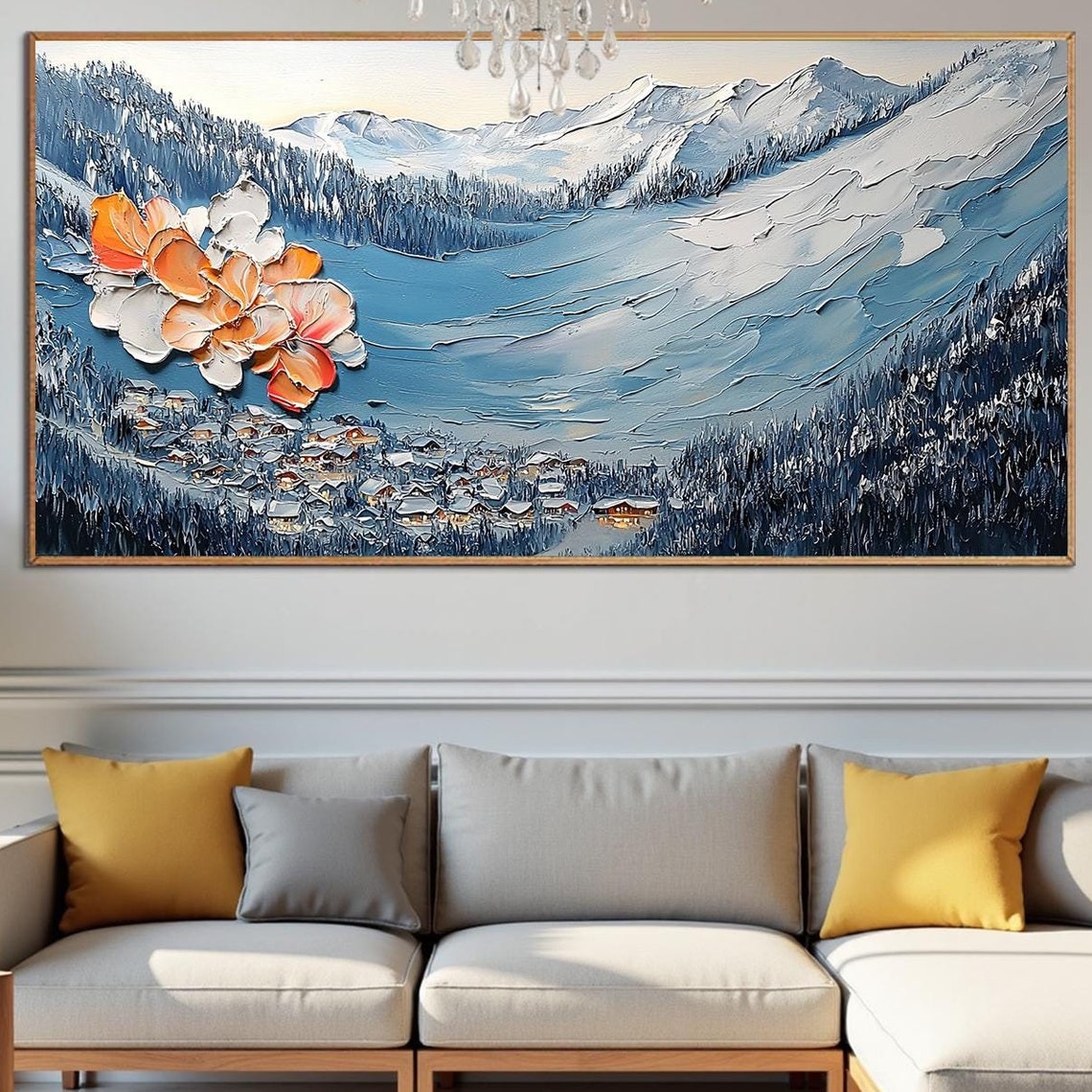 Snowy Mountain Village Giant Orange Flower Impasto Winter Art Poster