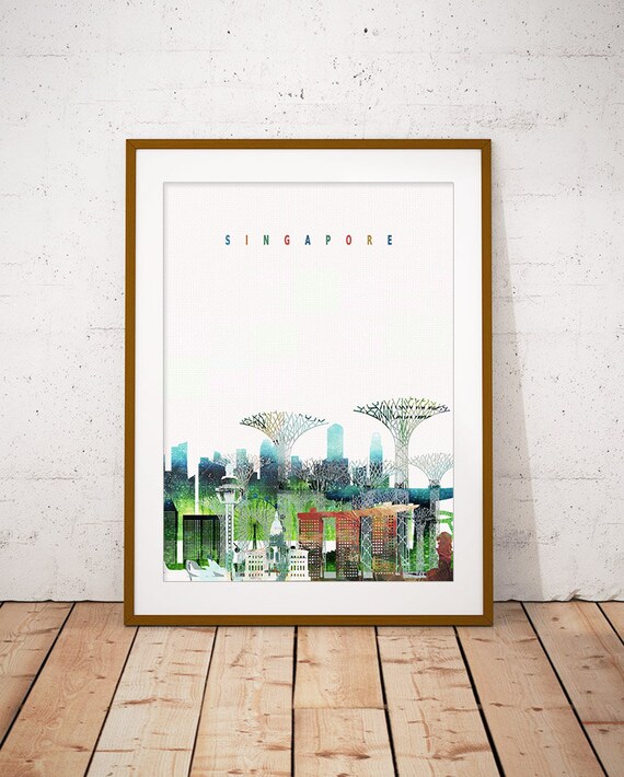Singapore Supertree Marina Bay Watercolor Skyline Art Poster