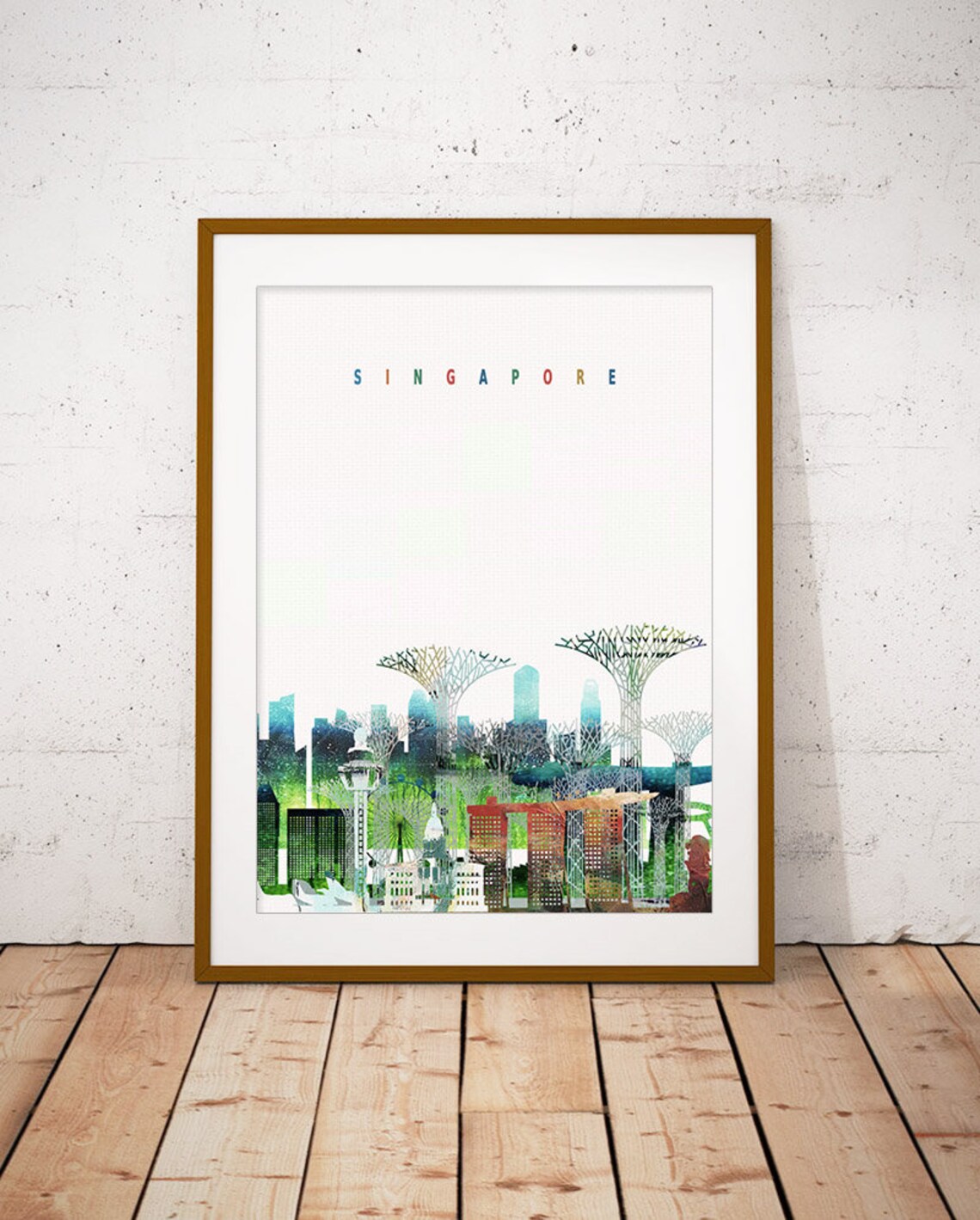 Singapore Supertree Marina Bay Watercolor Skyline Art Poster