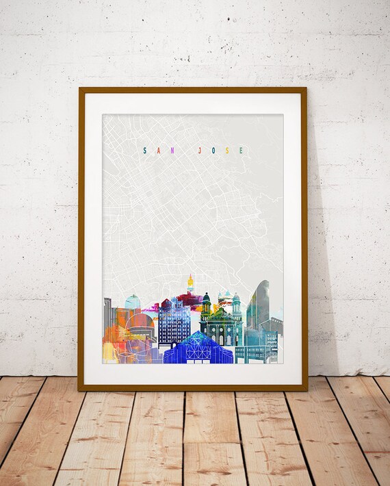 San Jose California Downtown Street Map Watercolor Poster Art