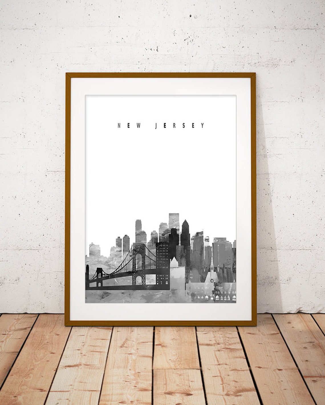 New Jersey Black and White Skyline Bridge Minimalist Decor Poster
