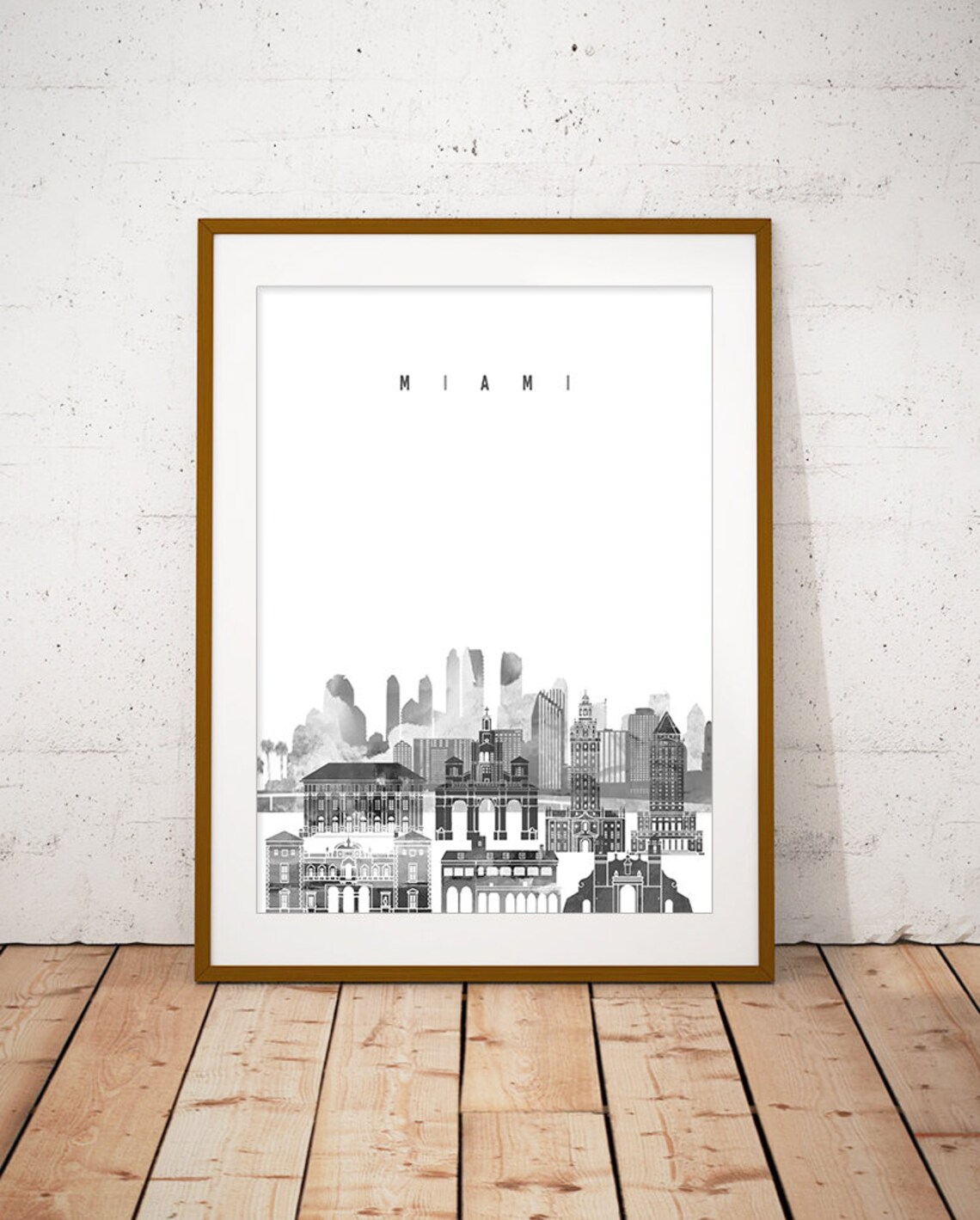 Miami Florida Monochrome Watercolor Skyline Cityscape Art Poster