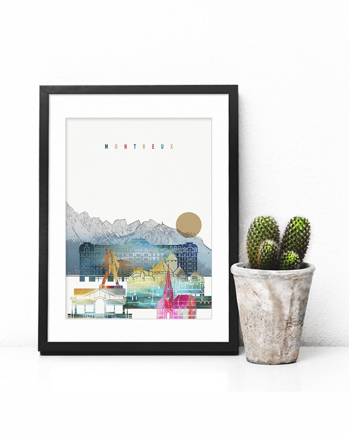 Montreux Watercolor Skyline Lake Geneva Mountains Print Home Gift - Image 2