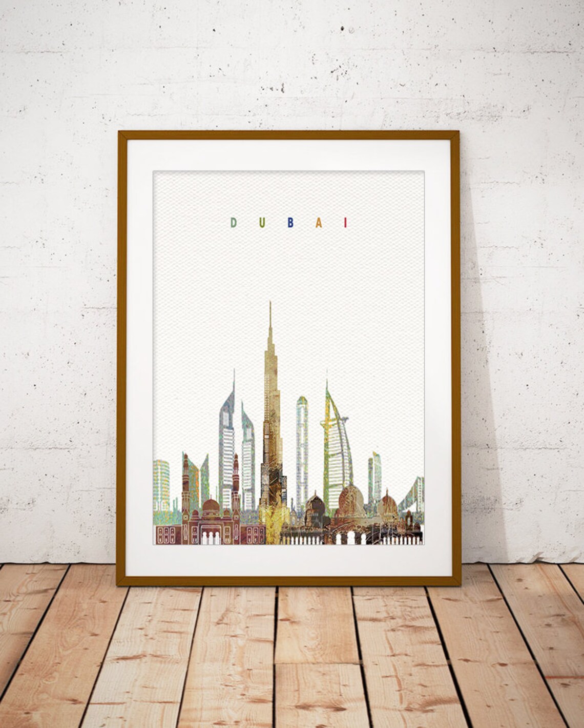 Dubai UAE Golden Modern Watercolor City Skyline Skyscrapers Poster