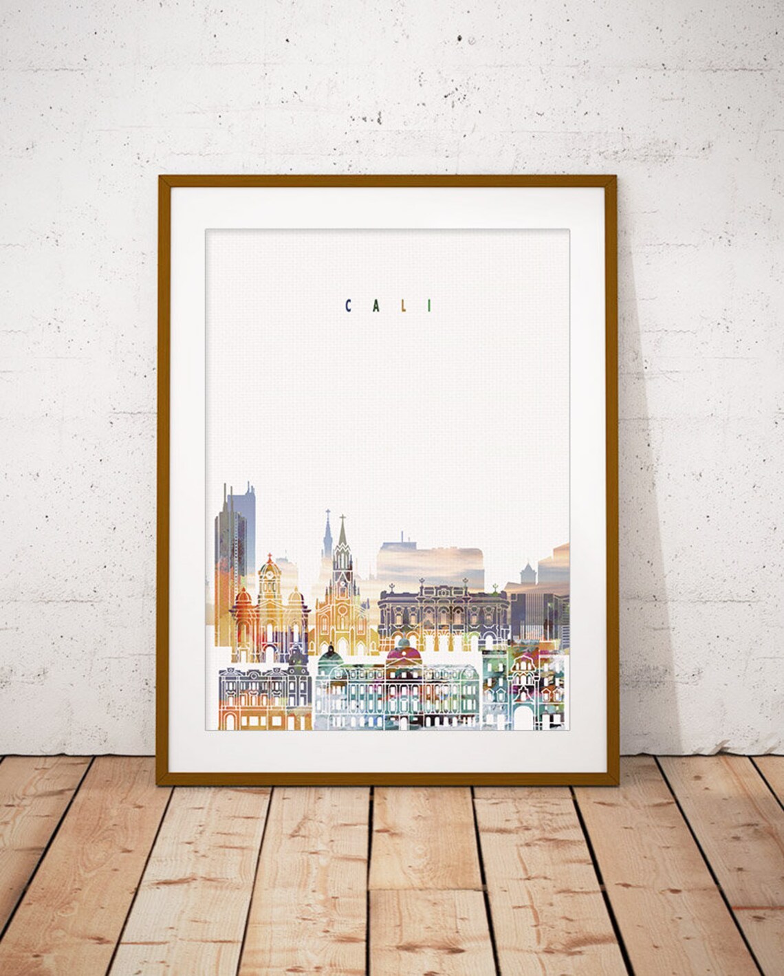 Cali Colombia Golden Modern Watercolor City Skyline Artwork Poster