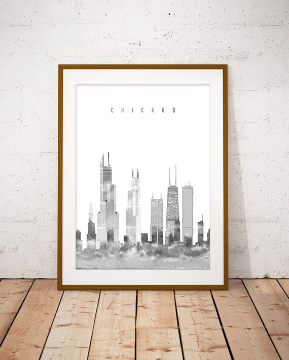 Chicago Black and White Watercolor Skyline Minimalist Modern Poster
