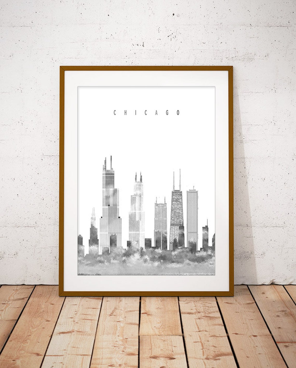 Chicago Black and White Watercolor Skyline Minimalist Modern Poster