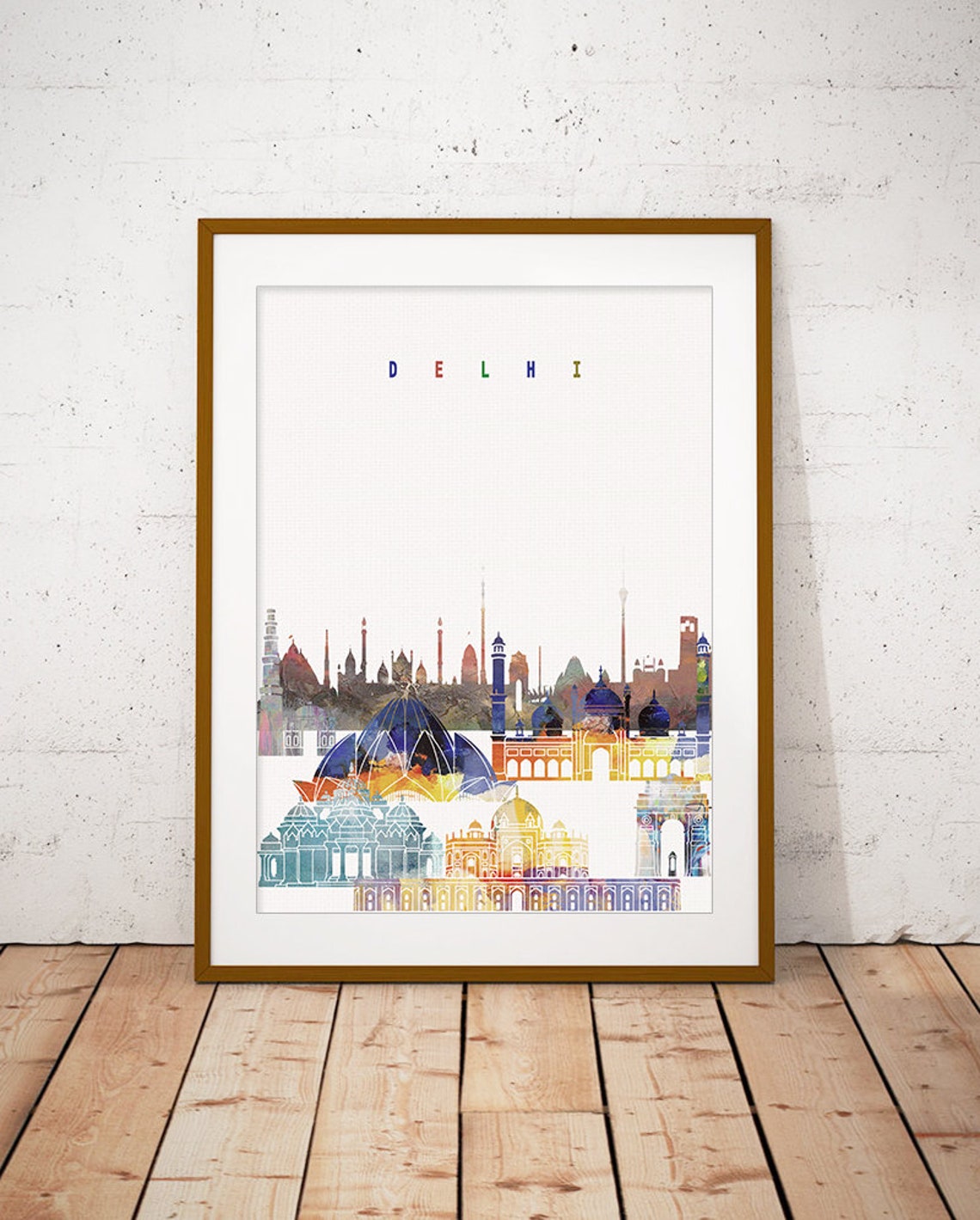 Vibrant Delhi Watercolor Skyline Monuments Modern Home Decor Poster
