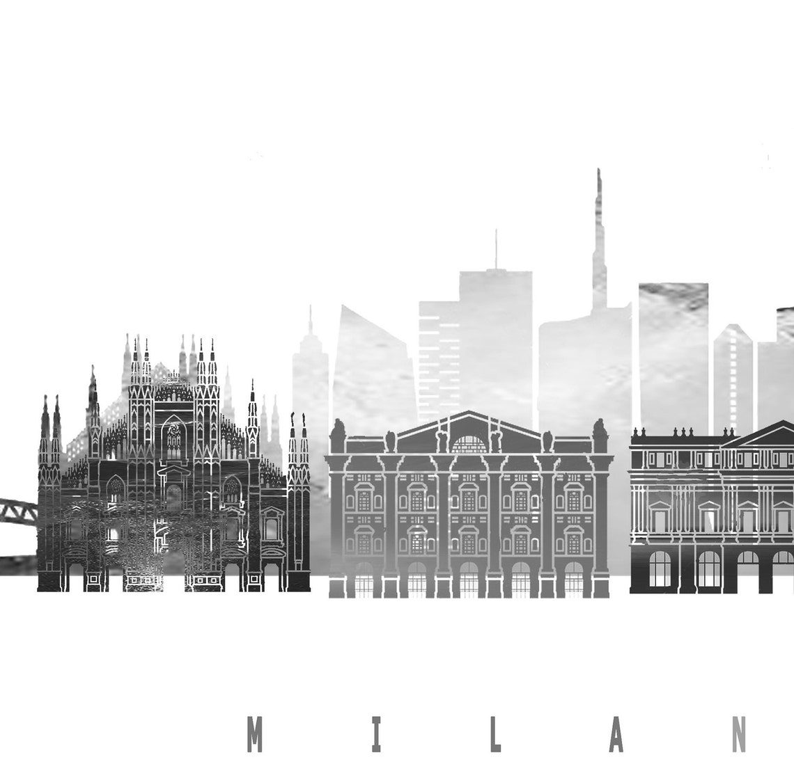 Milan Black and White City Skyline Italy Print Home Decor Modern Gift - Image 2