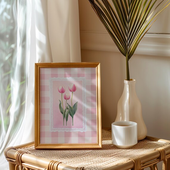 Pink Tulips Pink Gingham Cottage Floral Botanical Art Poster