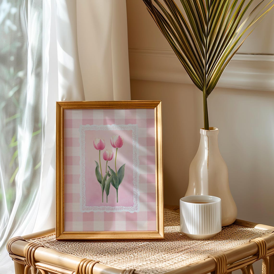 Pink Tulips Pink Gingham Cottage Floral Botanical Art Poster