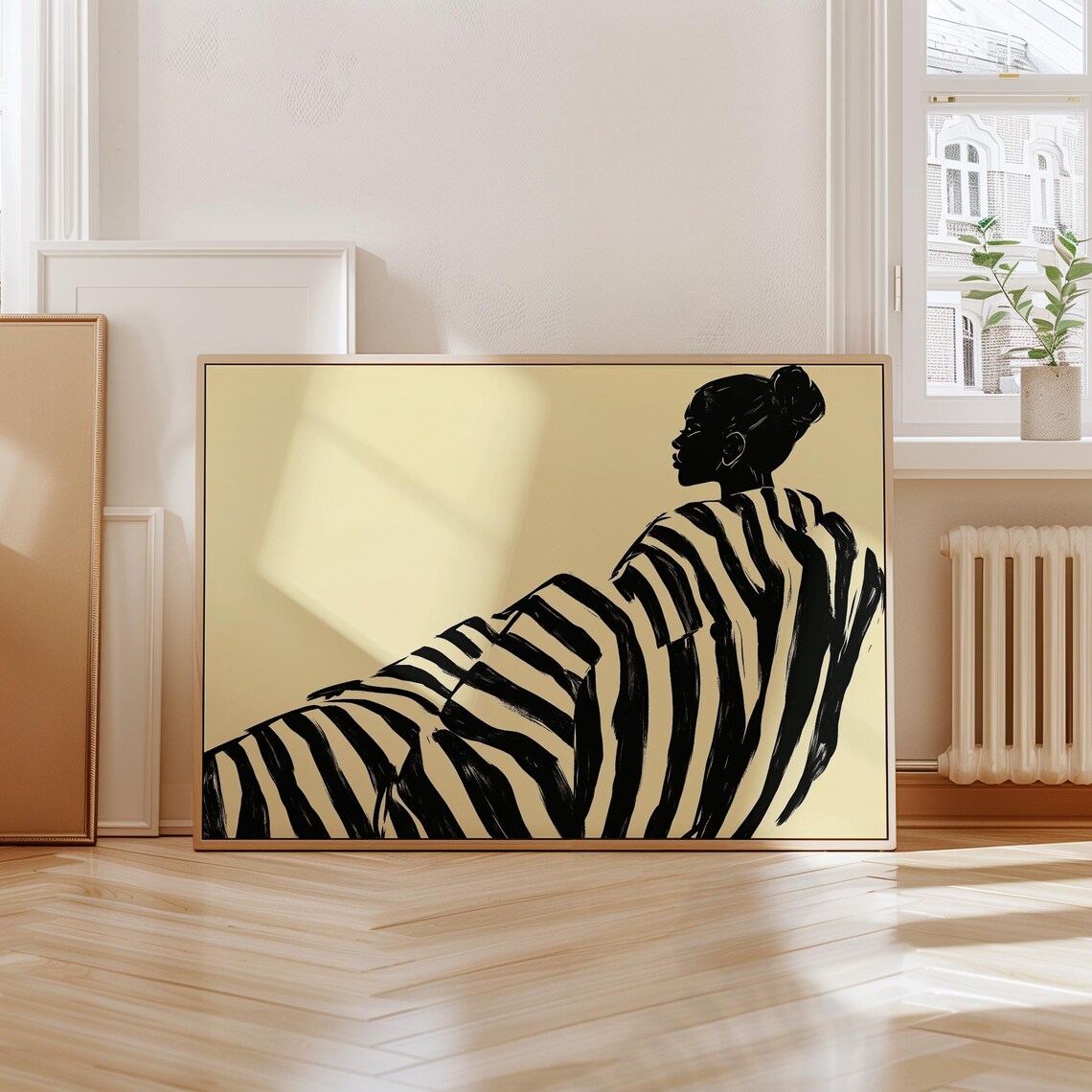 Modern Woman In Stripes Silhouette Black White Fashion Art Poster