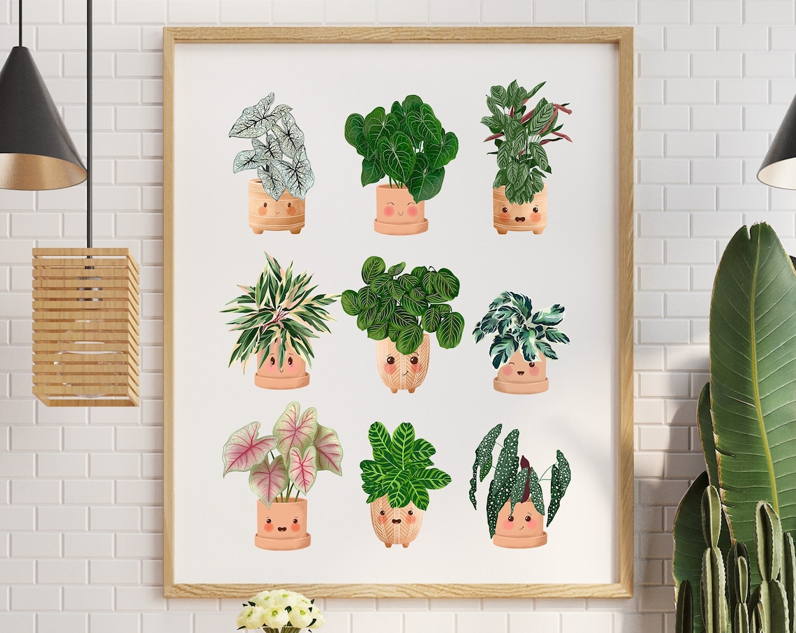 Nine Cute Smiling Potted Plants Whimsical Kawaii Botanical Art Poster