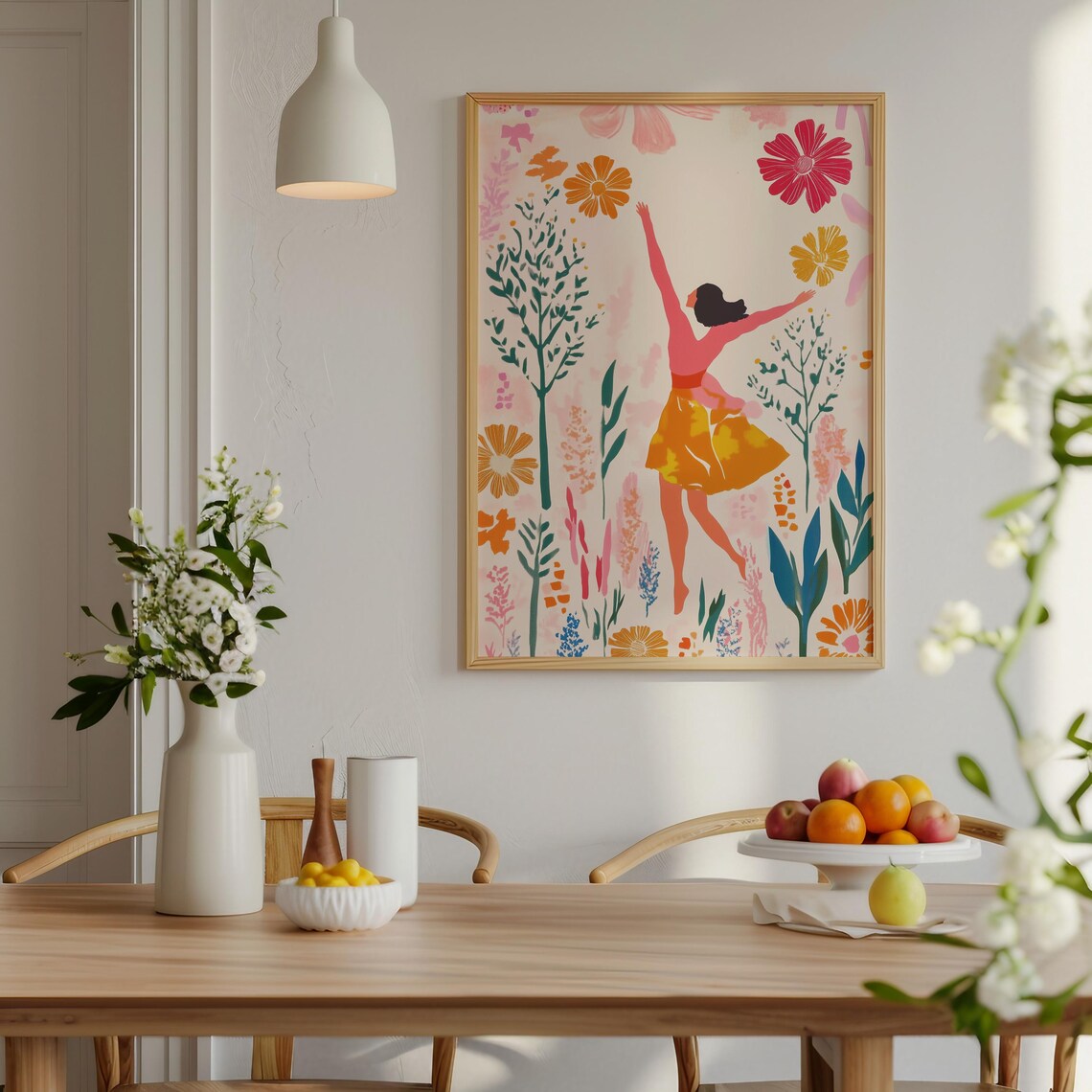 Joyful Dancing Woman Flower Garden Whimsical Illustration Poster - Image 3