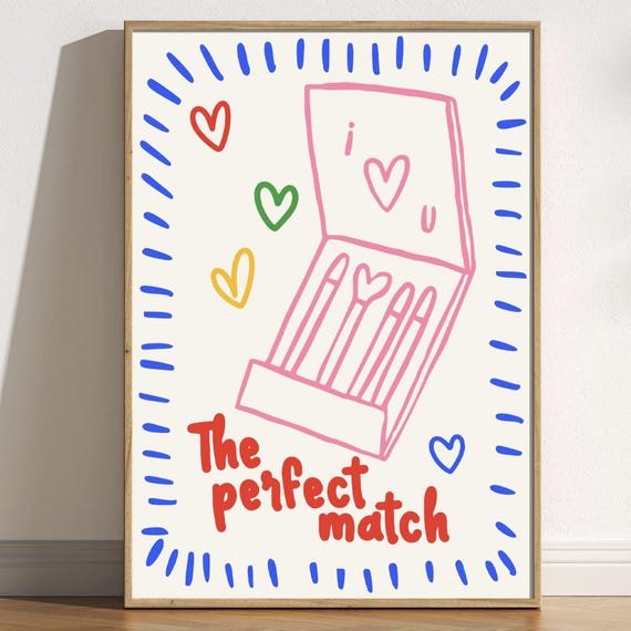 The Perfect Match Art Print Cute Retro Love Poster Whimsical Romance Gift Matchbook Illustration Fun Romantic Wall Colourful Trendy