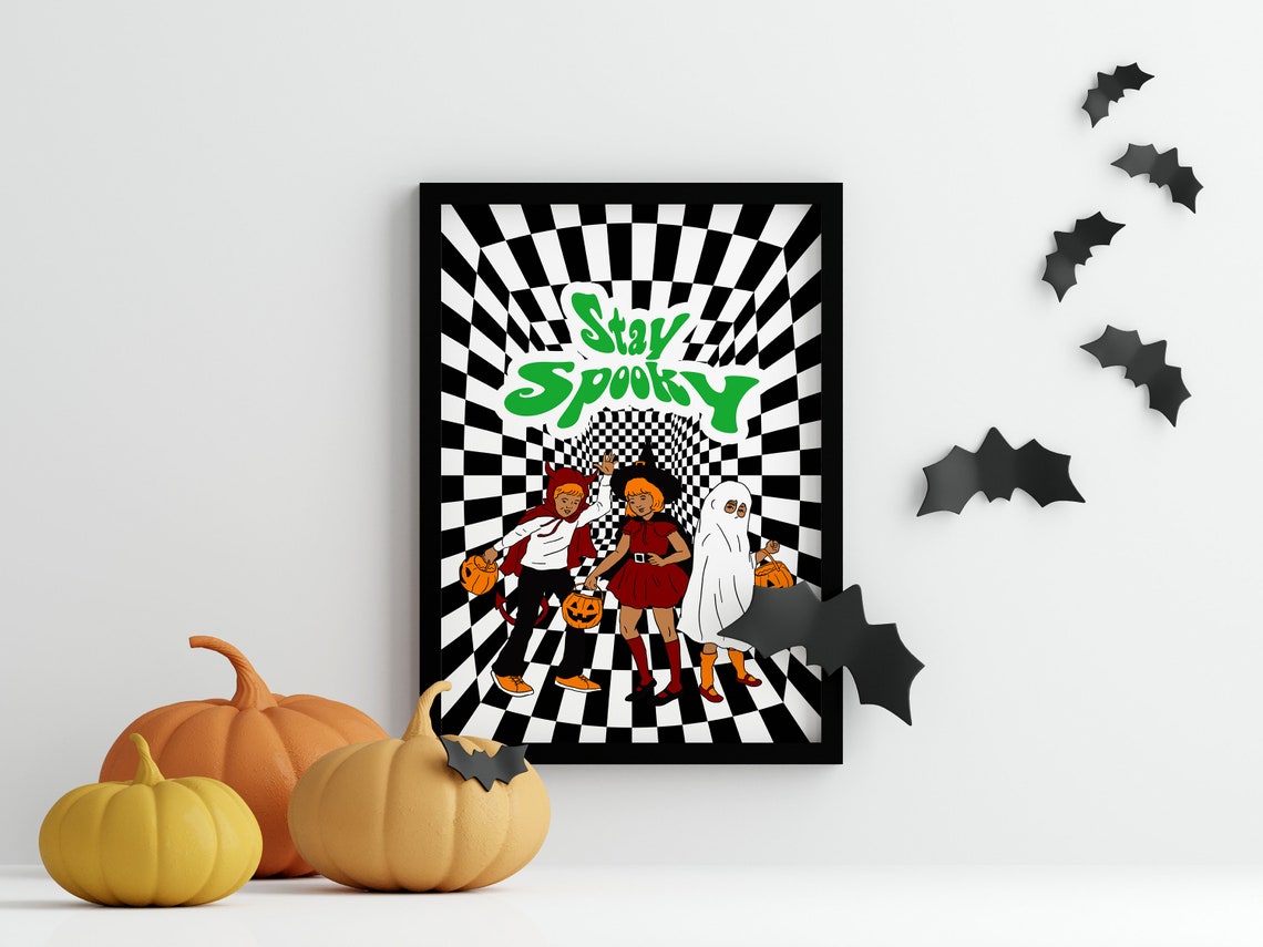 Stay Spooky Retro Trippy Checkerboard Halloween Costume Kids Poster - Image 2