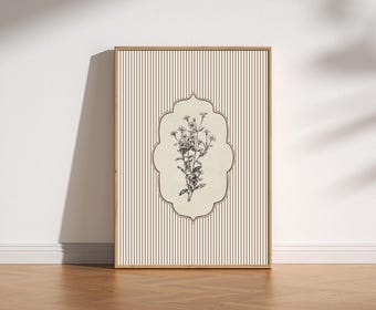 Vintage Botanical Floral Line Art Print Antique Wildflower Illustration Cosy Cottagecore Wall Classic Garden Timeless Stripes