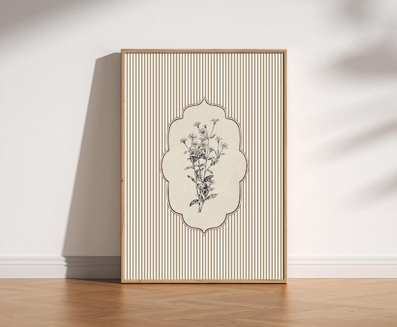 Vintage Botanical Floral Line Art Print Antique Wildflower Illustration Cosy Cottagecore Wall Classic Garden Timeless Stripes