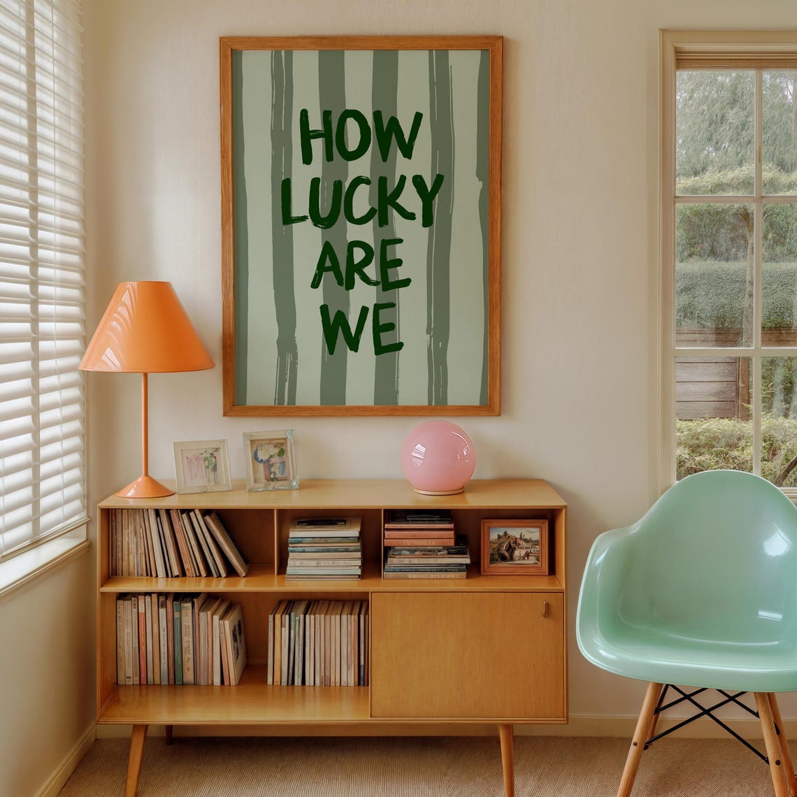 Hand Lettered How Lucky Are We Green Striped Typography Quote Poster - Image 2